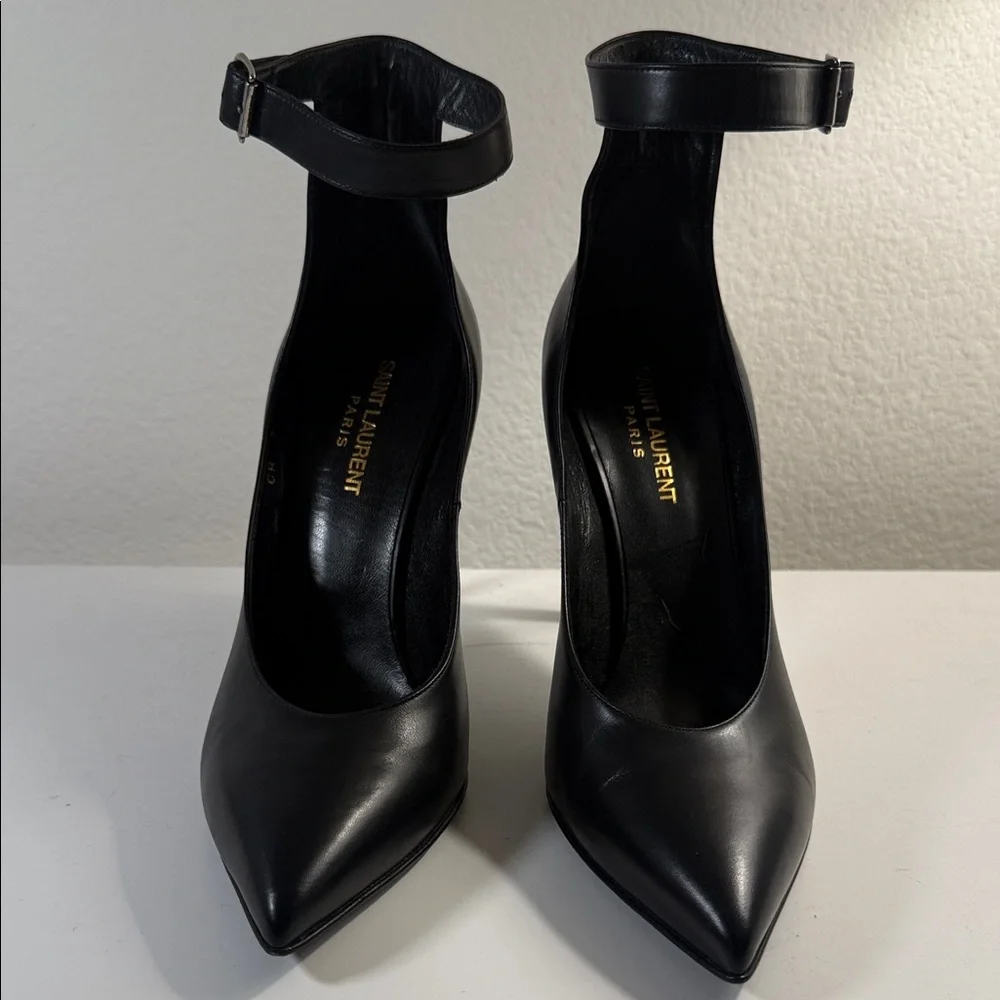 Saint Laurent Black Leather Pointed-Toe Ankle-Strap Pumps - Picture 4 of 8